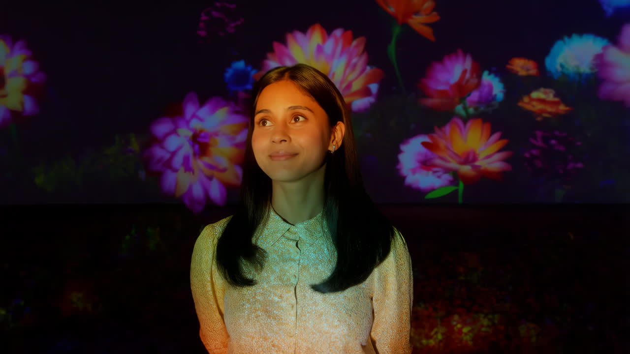 Woman in an Immersive Floral Projection Art Installation