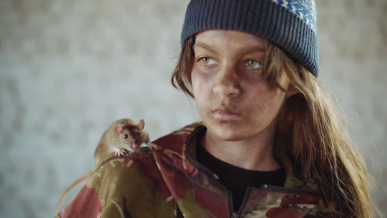 Close up of survivor in wool hat with dirt smeared face standing still inside abandoned shelter while rat perches calmly on shoulder, both gazing in same direction, symbolizing hardship