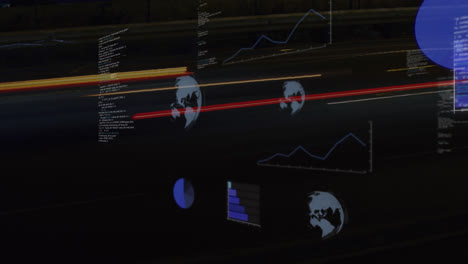 Animation-of-round-scanners-and-data-processing-against-time-lapse-of-city-traffic-at-night