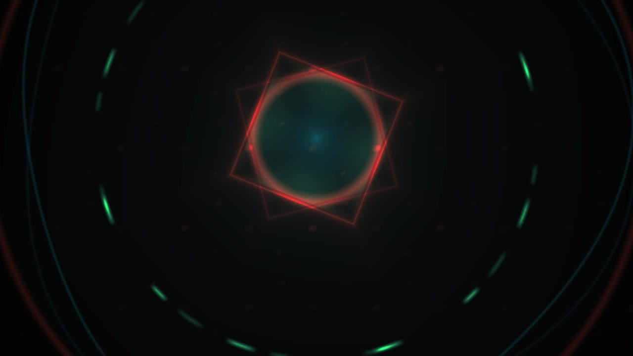 Abstract Geometric Animation with Rotating Red Squares and Glowing Green Circles