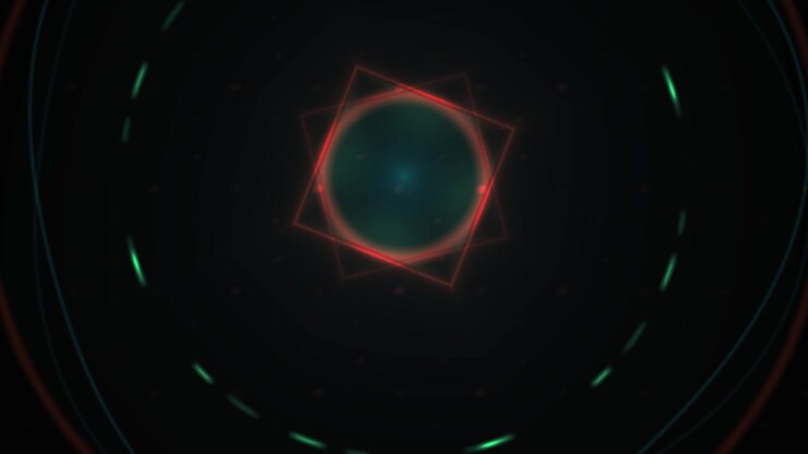 Abstract Geometric Animation with Rotating Red Squares and Glowing Green Circles