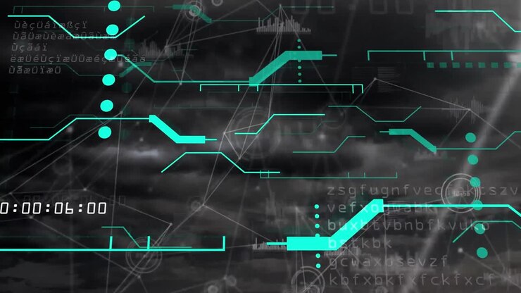 Animation of computer circuit board with data processing over network of connections