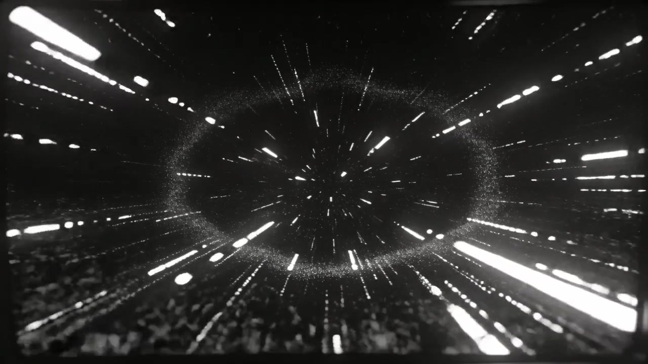 Frame advancing radiating radial rays filling mono screen, forming particle ring, side dots, grain