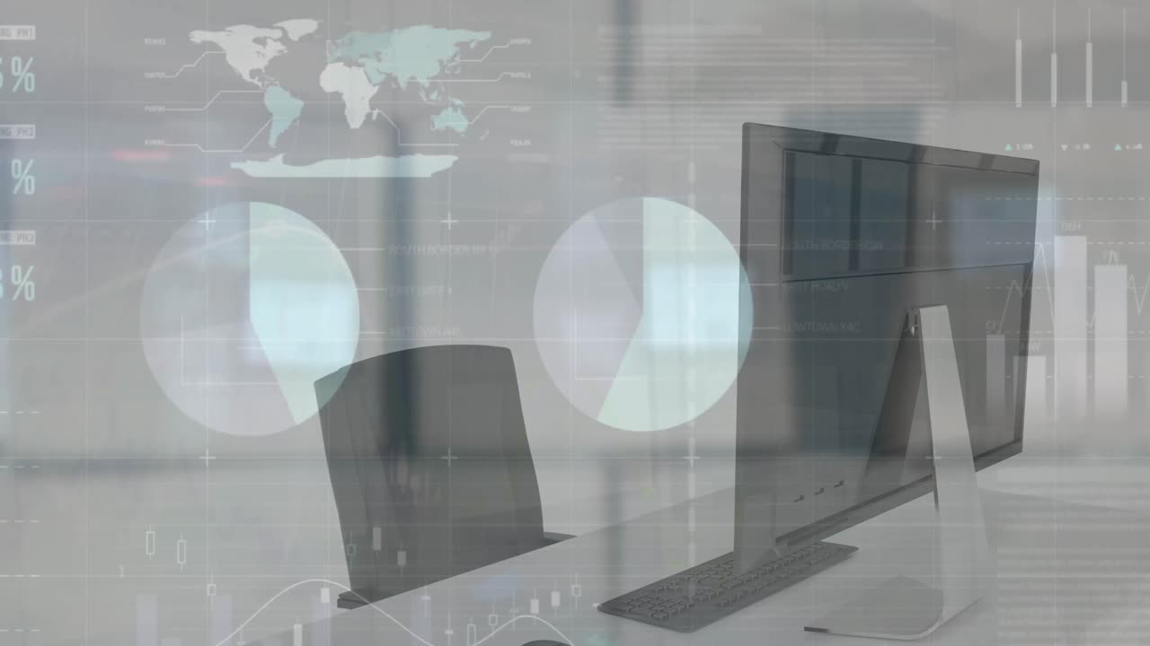 사무실의 책상 위에 있는 비어있는 의자와 컴퓨터와 키보드 위에 있는 인포그래픽 인터페이스의 애니메이션