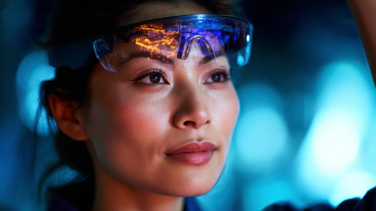Scienziato concentrato con occhiali protettivi: esplorazione di innovazioni con intensa concentrazione sotto luci blu stimolanti in un ambiente di laboratorio high-tech