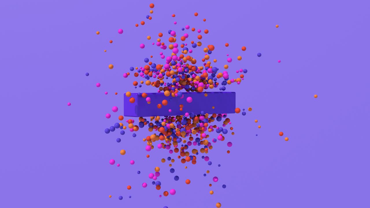 el bloque azul y las partículas de colores brillantes volando. fondo violeta. animación abstracta, renderizado en 3d.