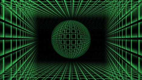 matrix world, perspective animation, grid globe sphere in bright green, background banner