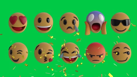 Animation-Von-Emojis-Symbolen-über-Konfetti,-Die-Auf-Grünen-Hintergrund-Fallen