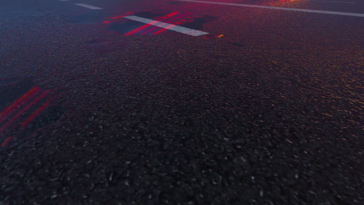 3D Heavy Rain Hitting Road At Night - 4K Realistic Rain Particle (Loopable) - Rainy Day on a colorful street with traffic - Wet Road At Night - Low angle shot of in the rain - Rainfall And Reflection On Road - Loopable Moving Image - Long Exposure