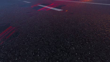 3d heavy rain hitting road at night - 4k realistic rain particle (loopable) - rainy day on a colorful street with traffic - wet road at night - low angle shot of in the rain - rainfall and reflection on road - loopable moving image - long exposure
