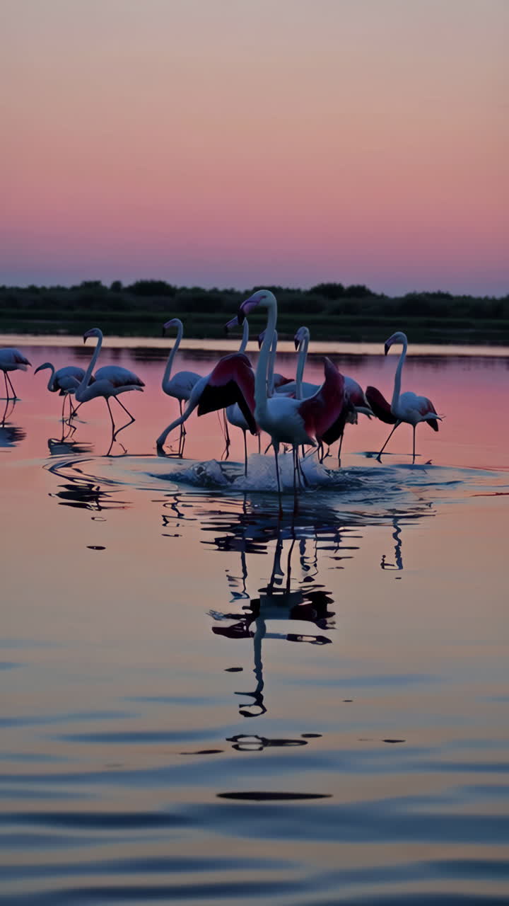 해가 지는 순간 핑크색 플라밍고