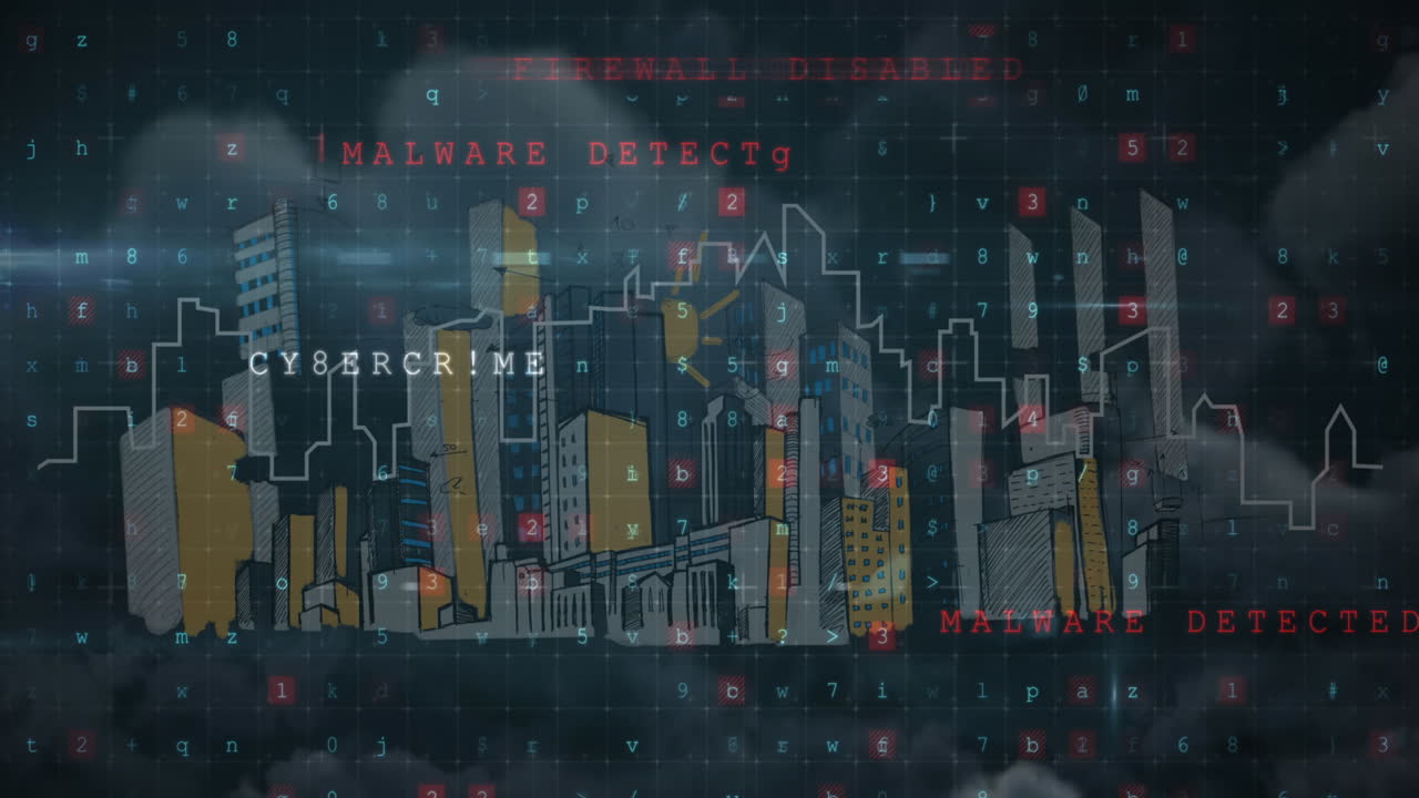 Animation of cyber crime text over cityscape