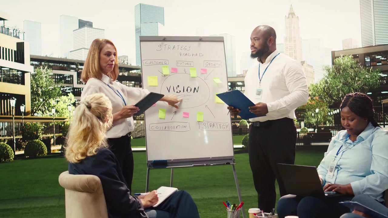 Divers zakelijk team werkt samen aan strategische routekaart in buitenkantoor