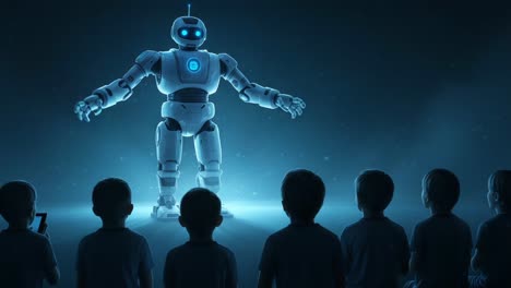 a captivating encounter between children and an advanced robot, illuminated against a dark backdrop, sparks curiosity and amazement in this futuristic scene