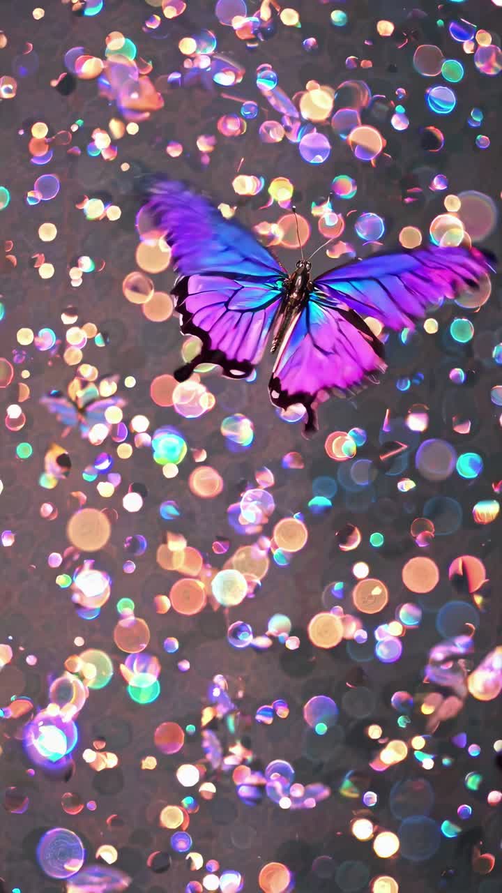 Una farfalla vivace tra luci bokeh, ripresa da un'angolazione bassa.