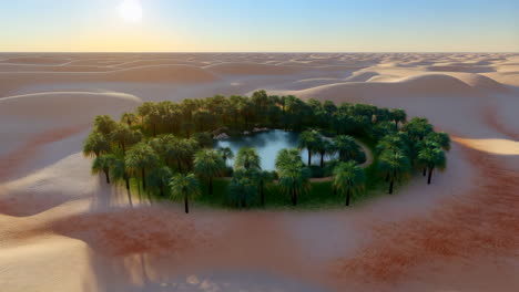 lush oasis with palm trees in a vast desert landscape