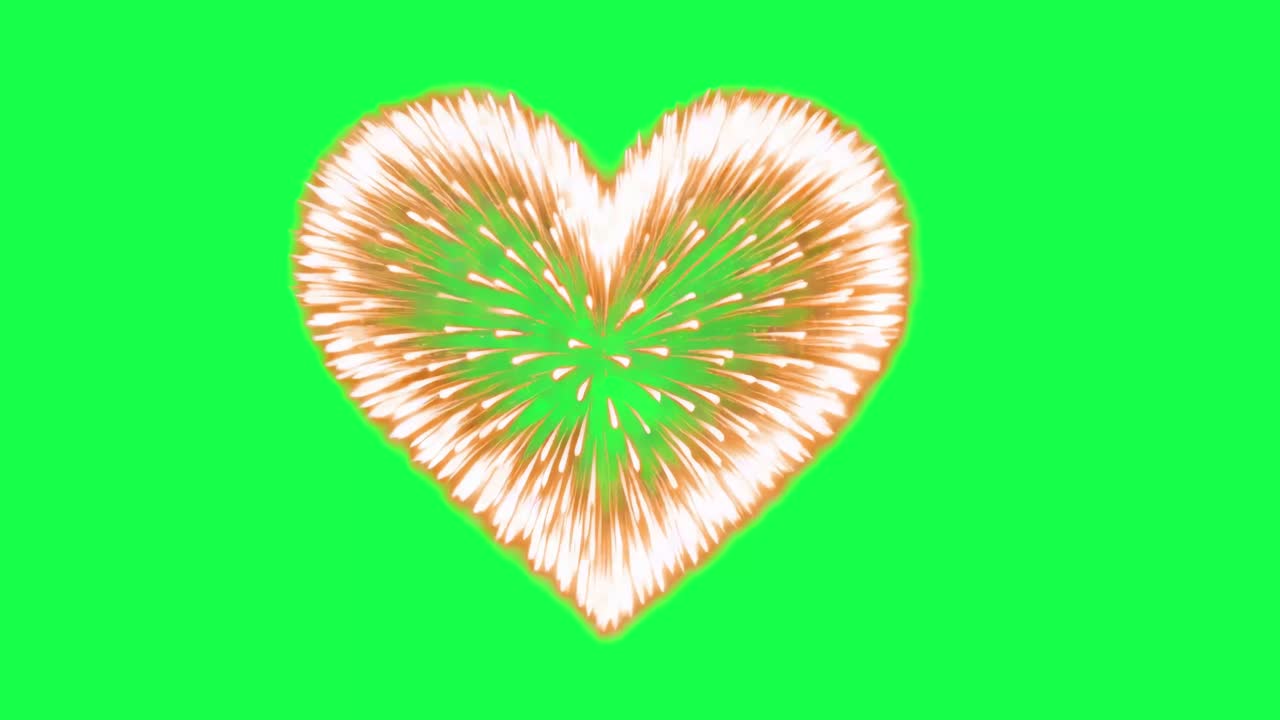 Vibrant heart-shaped fireworks display animation, transparent 4K video, green screen