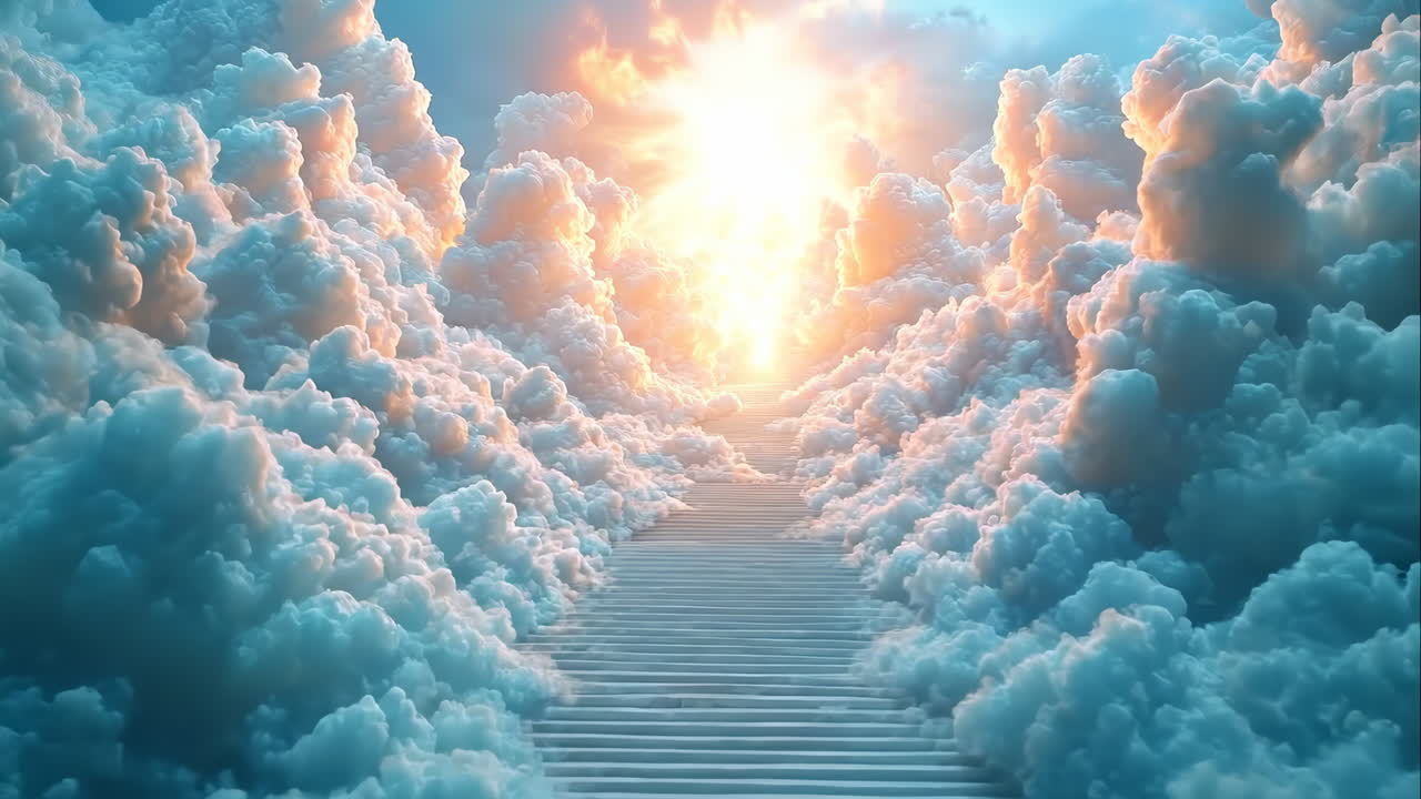 Clouds leading to bright light in sky. Stairs rise through clouds toward a bright light in the sky. The scene shows a pathway surrounded by thick clouds