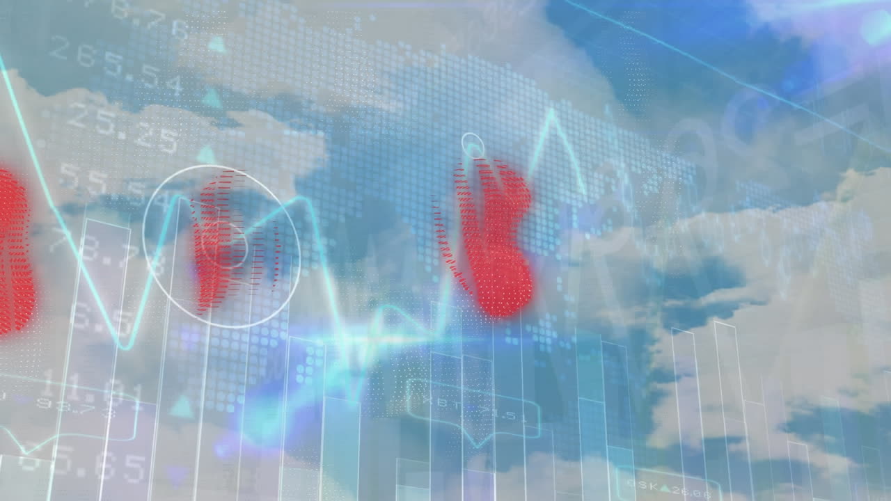 통계 데이터 처리의 애니메이션과 하늘의 구름에 대한 빨간 디지털 파동