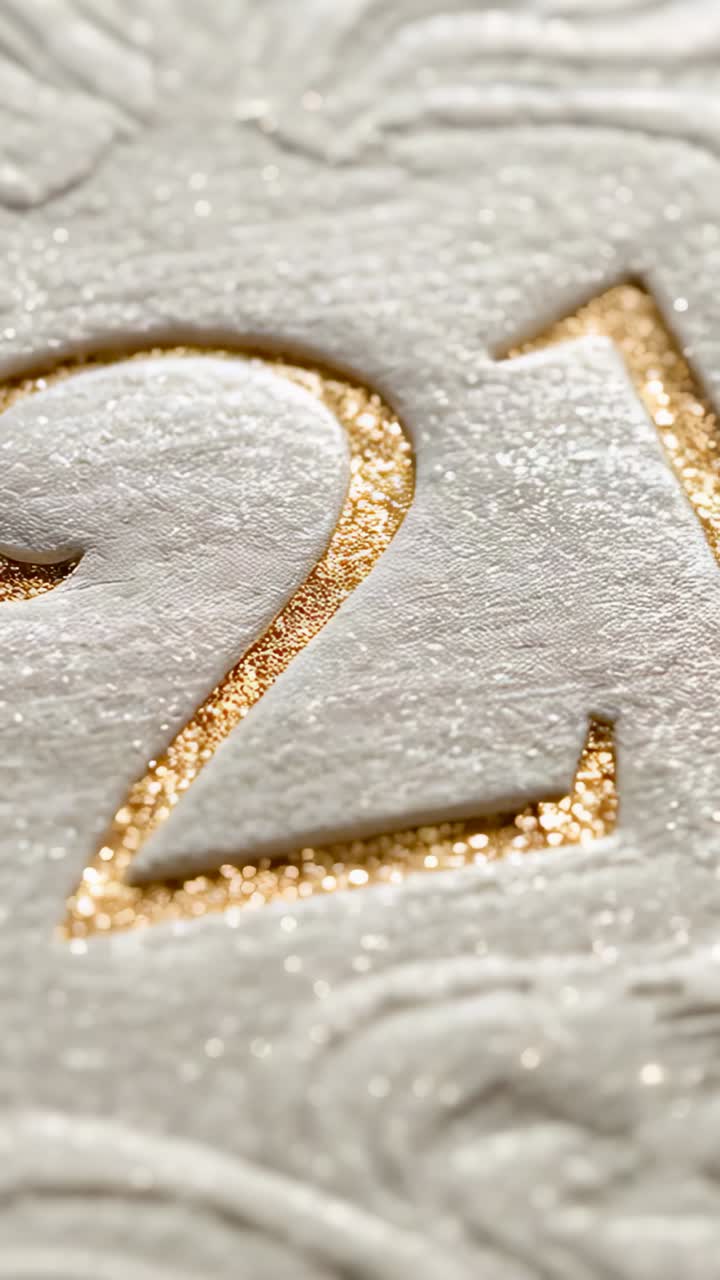 Vertical video: Scanning macro camera catching light on recessed 21 on studio set, gold glitter