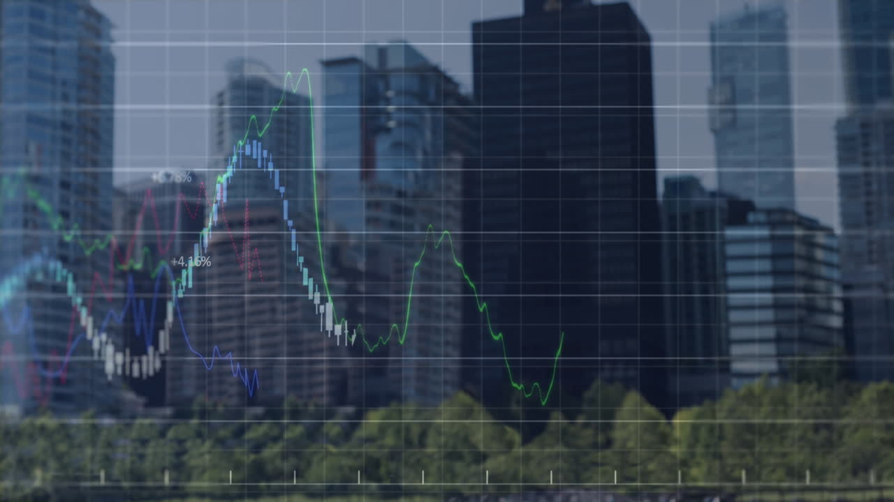 animación del procesamiento de datos financieros sobre el paisaje urbano