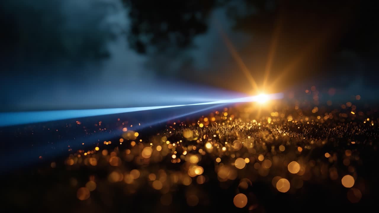 A mesmerizing blend of light beams and shimmering particles on a mystical forest floor, creating an enchanting atmosphere filled with warmth and wonder