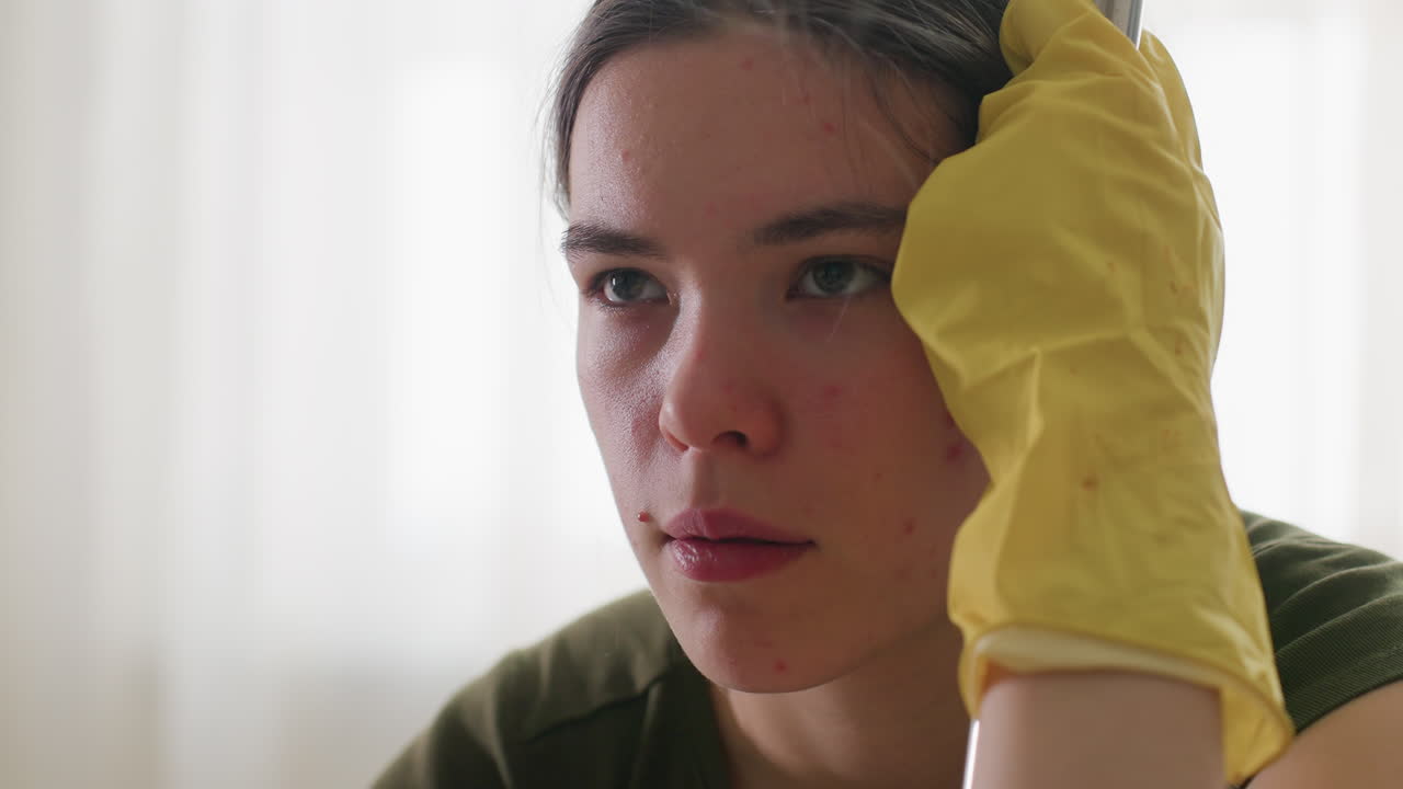 Close up face of unhappy maid wearing yellow gloves holding mop exhausted from house chores with eyes closed showing stress fatigue and emotional struggle while cleaning domestic environment