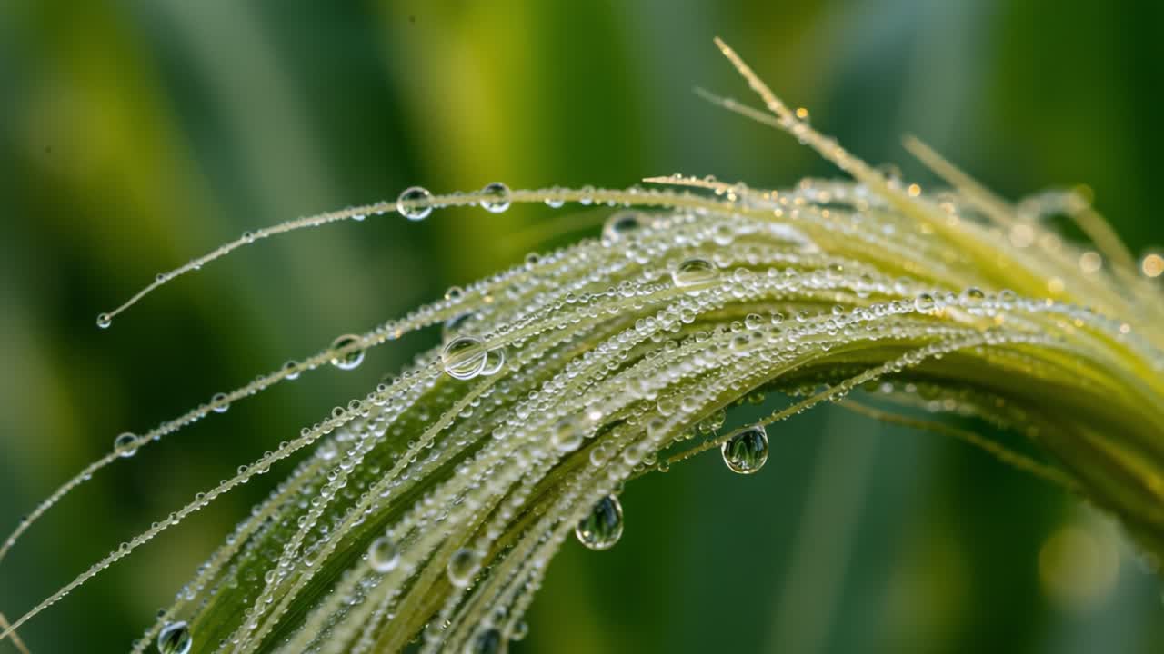 A Close-Up View of Dew Drops on Grass Blades Showcasing Nature's Beauty in Early Morning Light with Lush Green Background