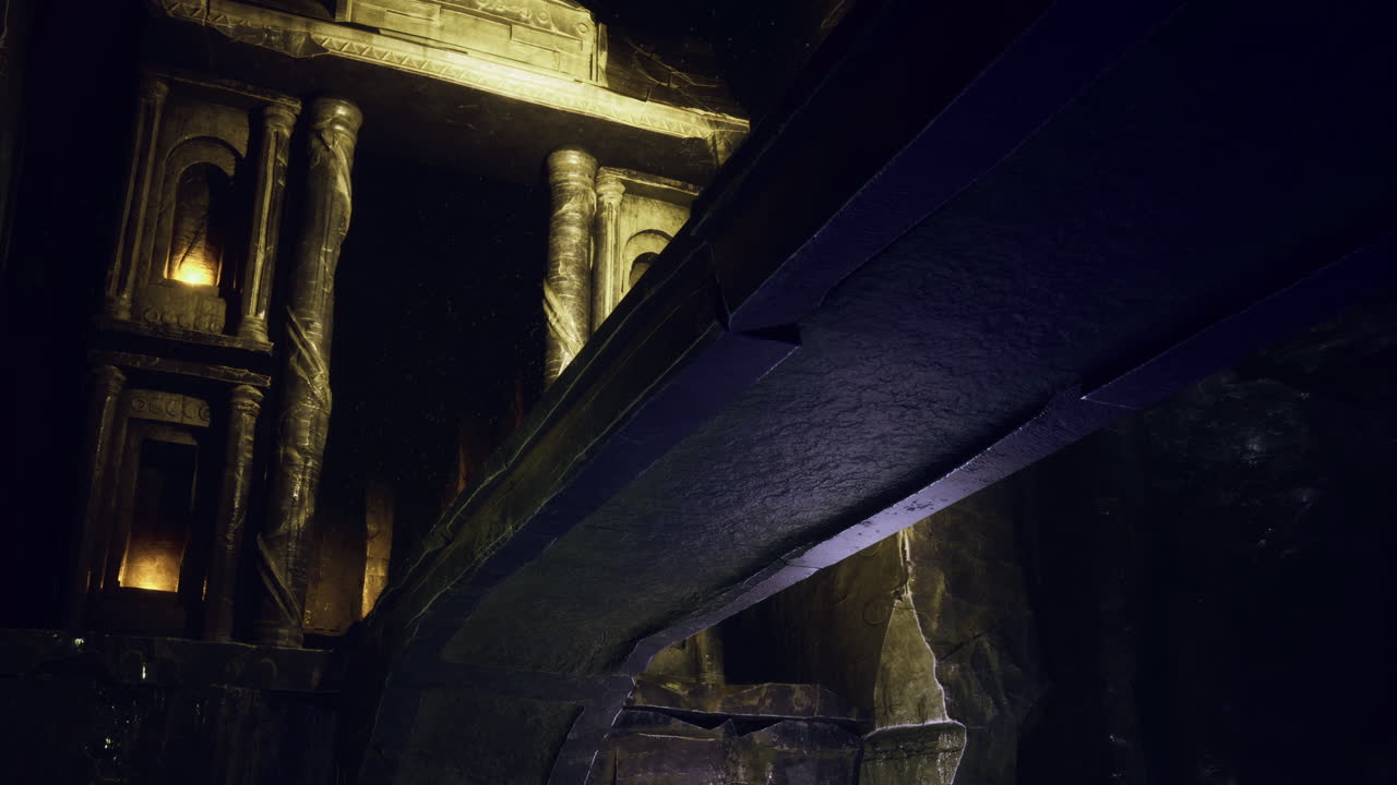 Ancient ruins illuminated by flickering lights in a hidden cavern