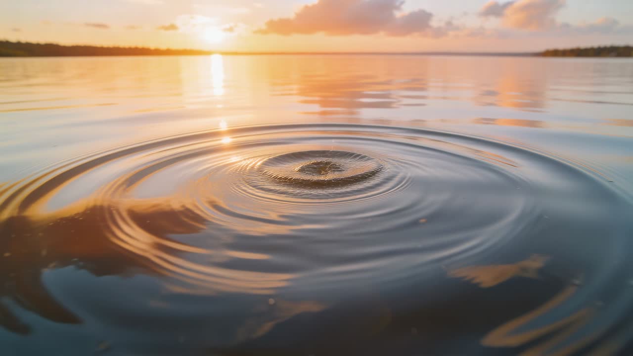 Goccia d'acqua che impatta un lago calmo al tramonto, creando increspature circolari che si espandono, a scopo didattico.