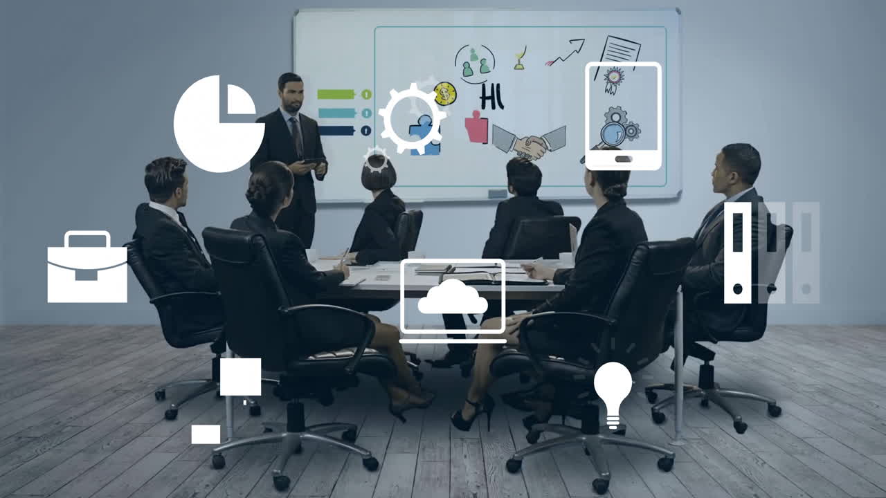 Animation of financial data processing over diverse business people in office