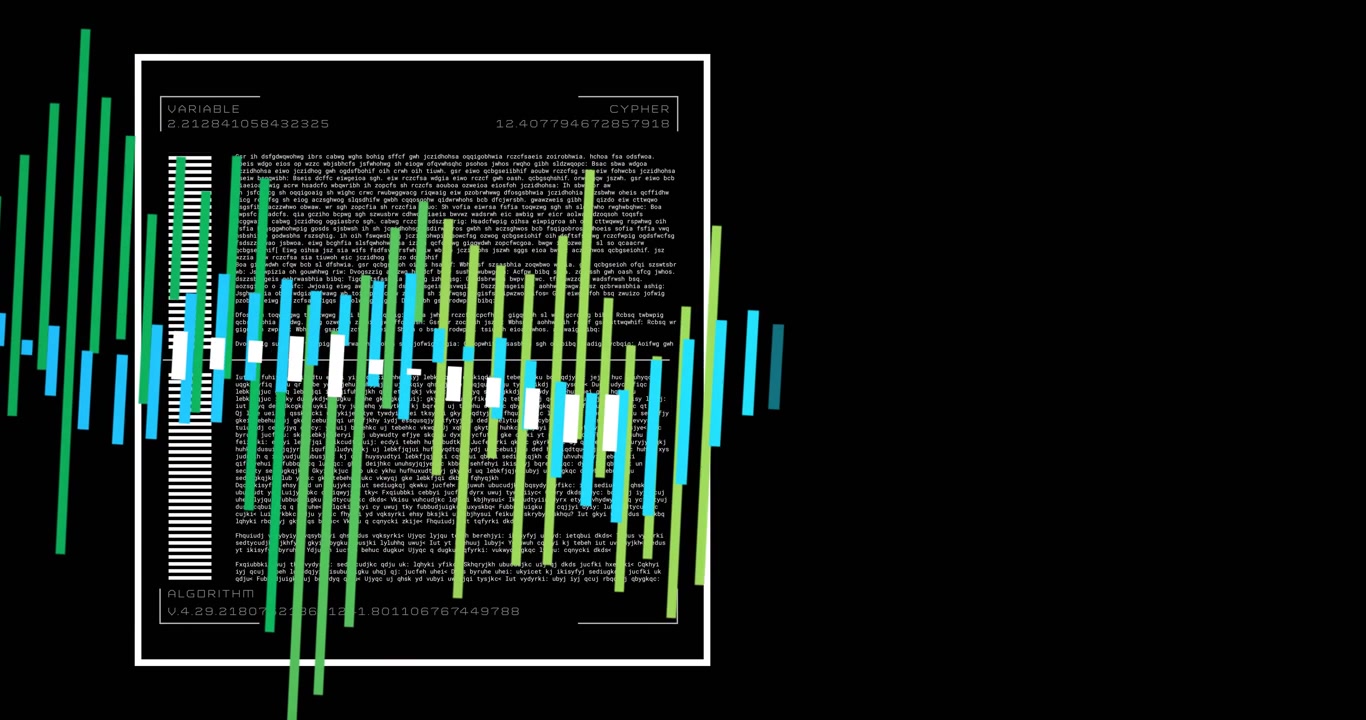 Left-edge colored bars sliding across white panel, obscuring dense text and visualizing waveform