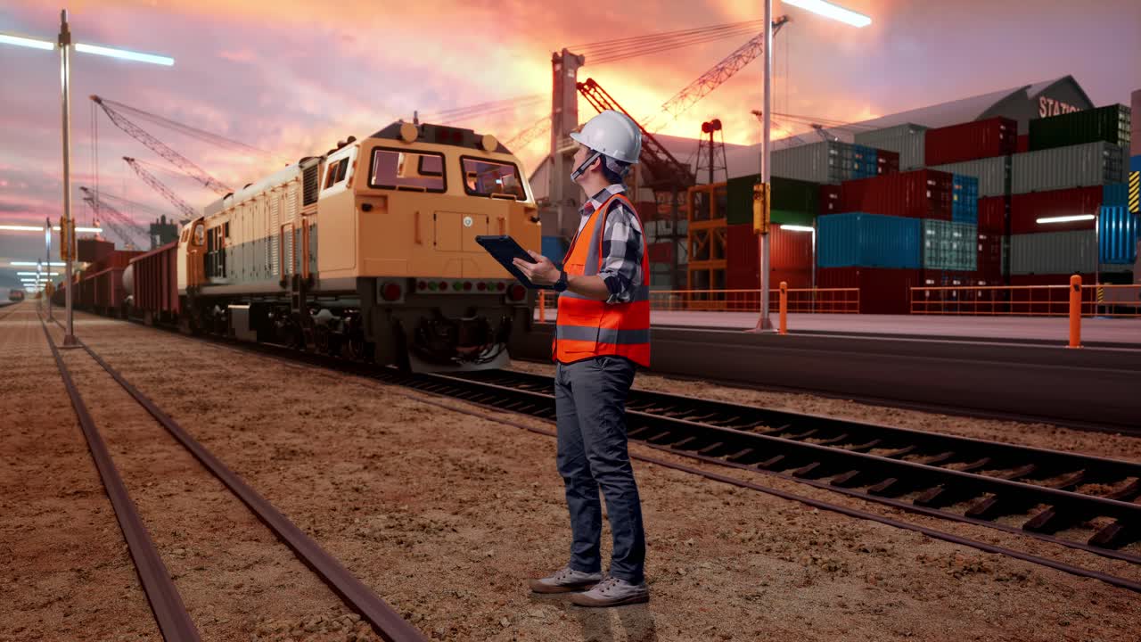 Full Body Side View Of Asian Male Engineer With Safety Helmet Looking At The Tablet In His Hand And Looking Around While Standing With Freight Cargo Train At Port