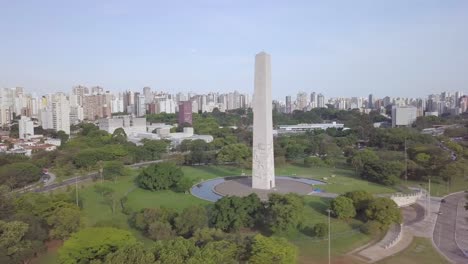 sliding aerial shot of the touristic center of sao paolo, brazil on a sunny summer sunset