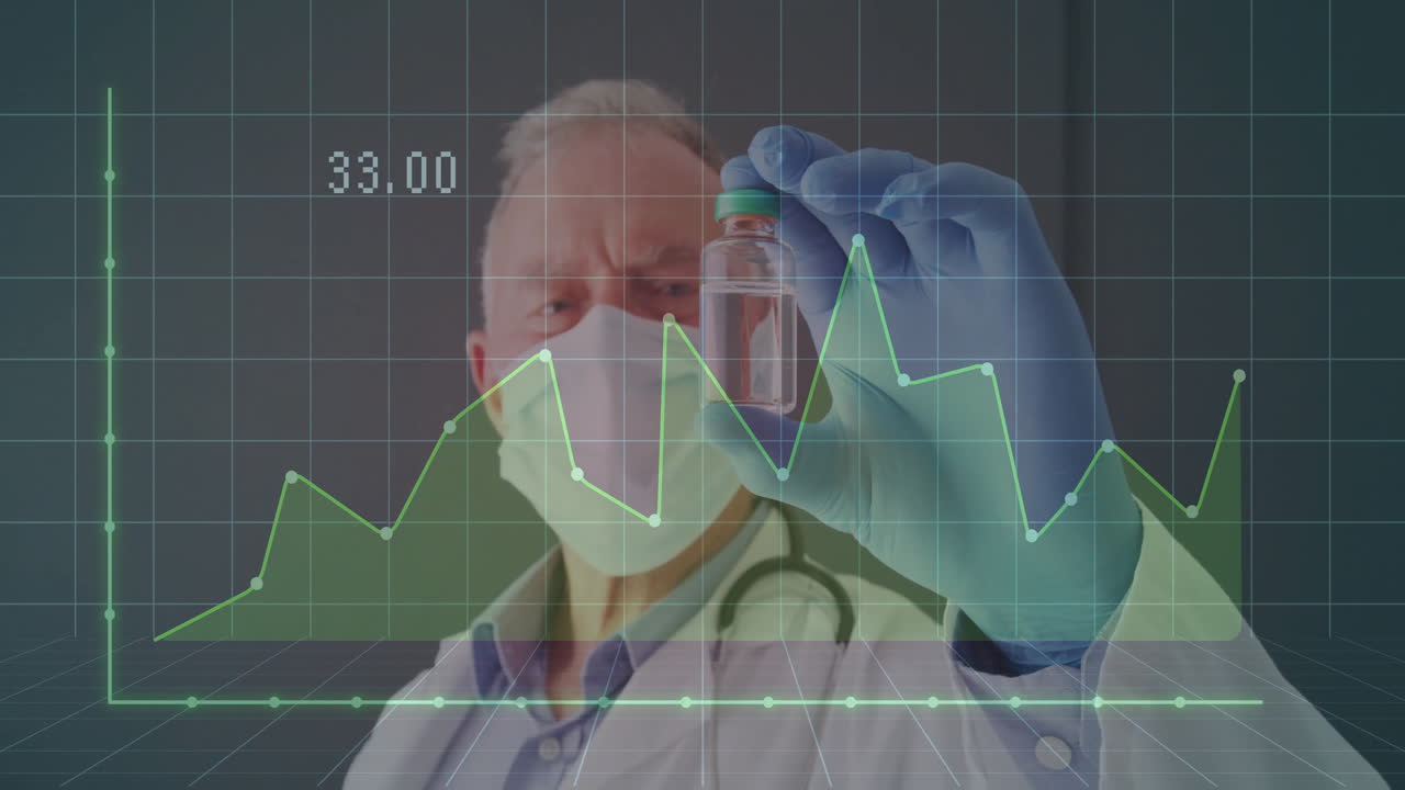Senior male doctor holding vaccine vial while digital medical chart fluctuating with data points