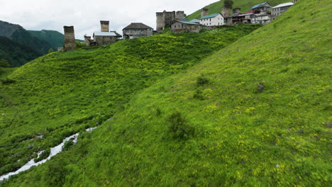 view of the adishi village, upper svaneti, georgia - aerial drone shot