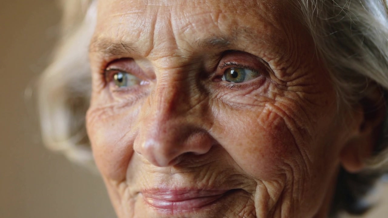 Smiling Senior woman shifting gaze, forming smile in softly lit interior with warm light and lines
