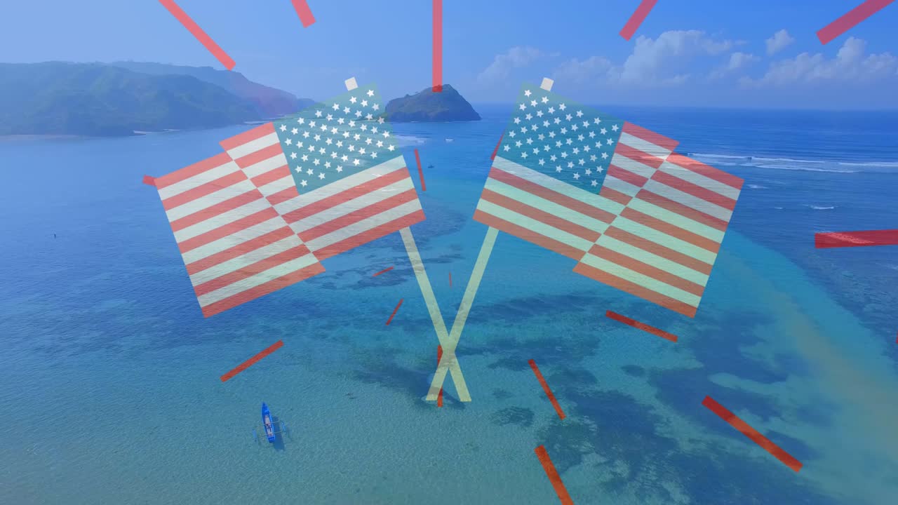 미국 의 두 개의 교차 된  ⁇ 발 과  ⁇ 빛 해변 과 바다 위 의  ⁇ 은 줄무 ⁇  의 애니메이션