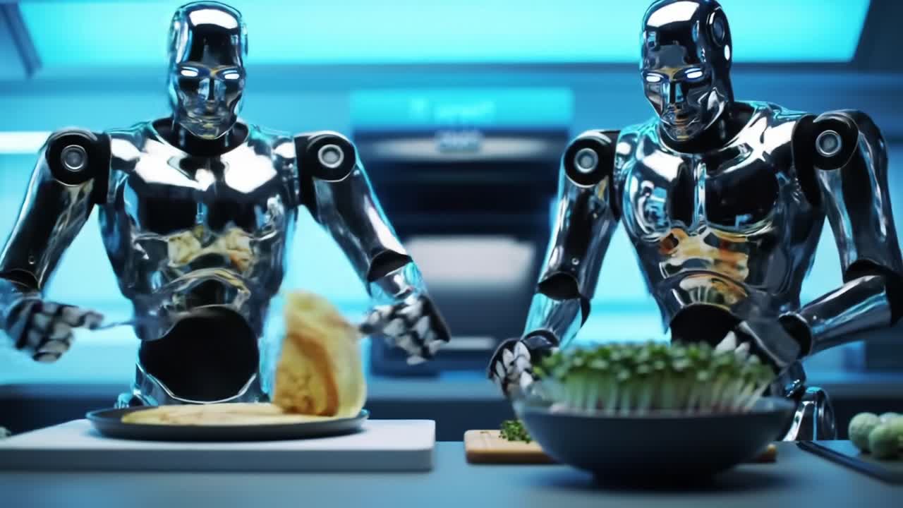 Futuristic Robots Preparing a Gourmet Meal in a High-Tech Kitchen, Showcasing Advanced Cooking Techniques and Innovative Culinary Skills