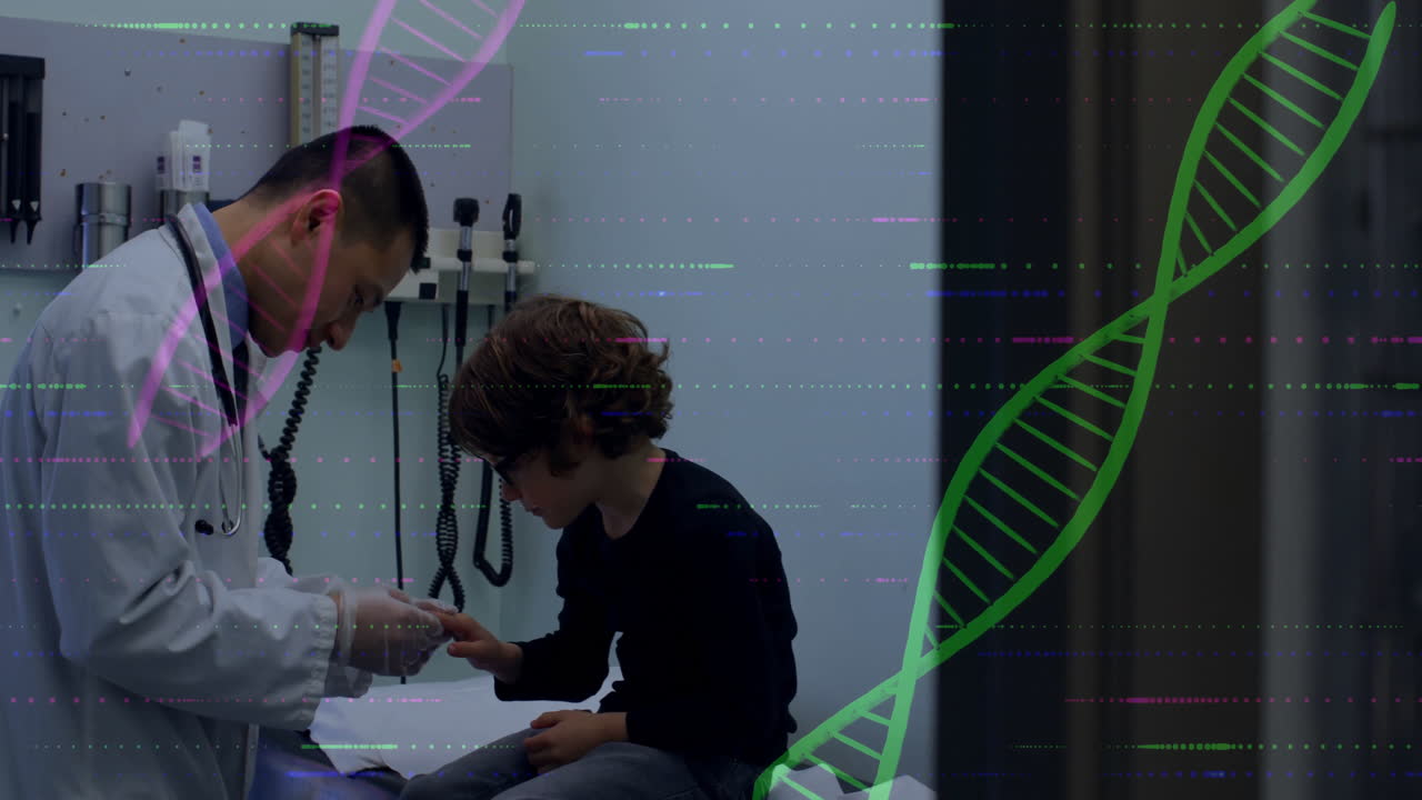 Examining child, doctor with DNA strand animation overlaying in medical setting
