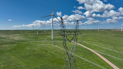 power lines in front of wind turbine creating clean energy