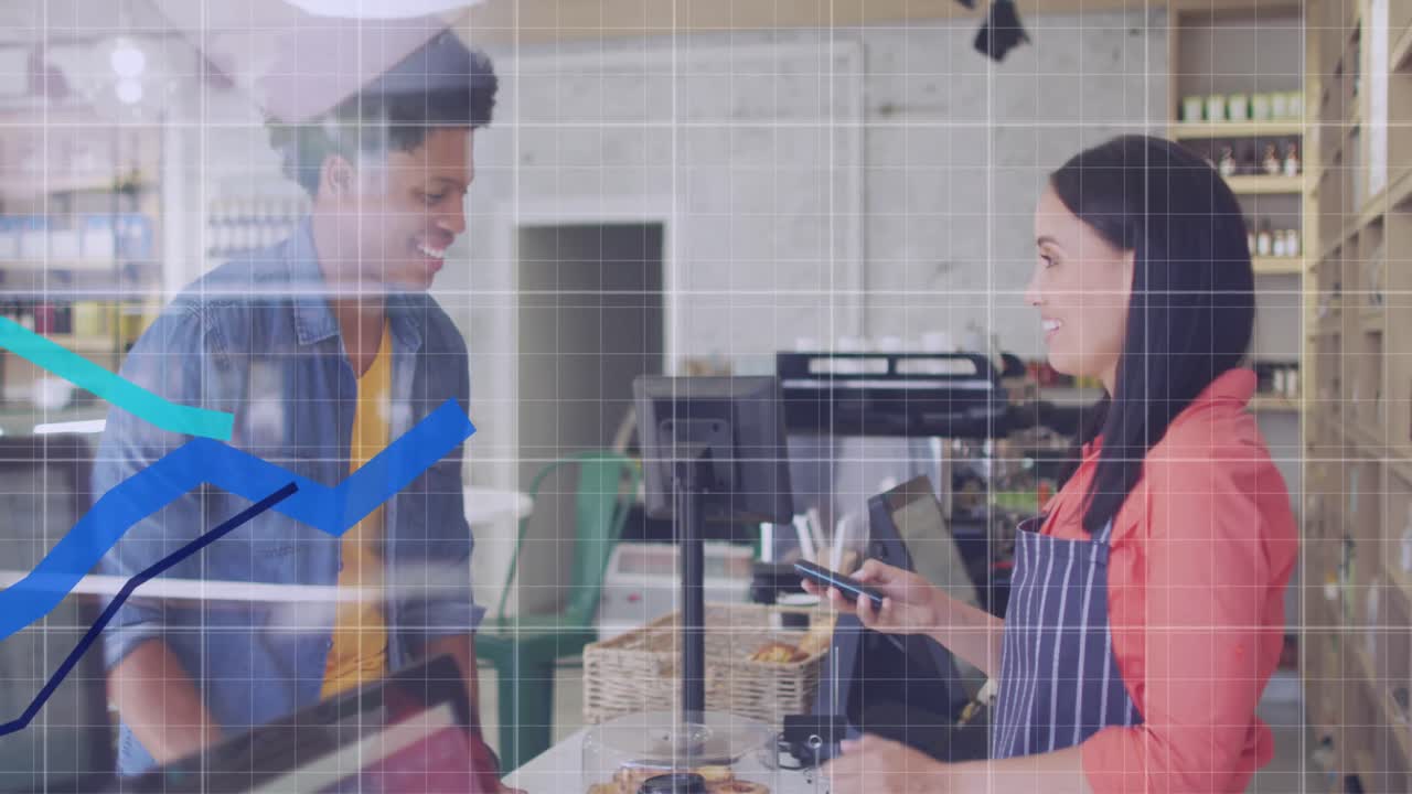 다양한 상점 보조자와 고객 쇼핑에 대한 데이터 처리 애니메이션