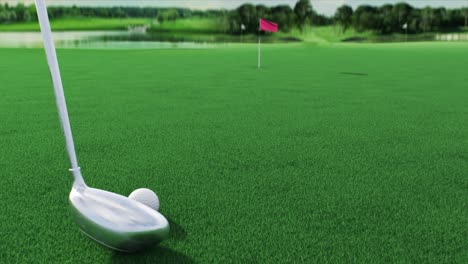 a golf ball rolls across the course into a hole after being hit by a golf club