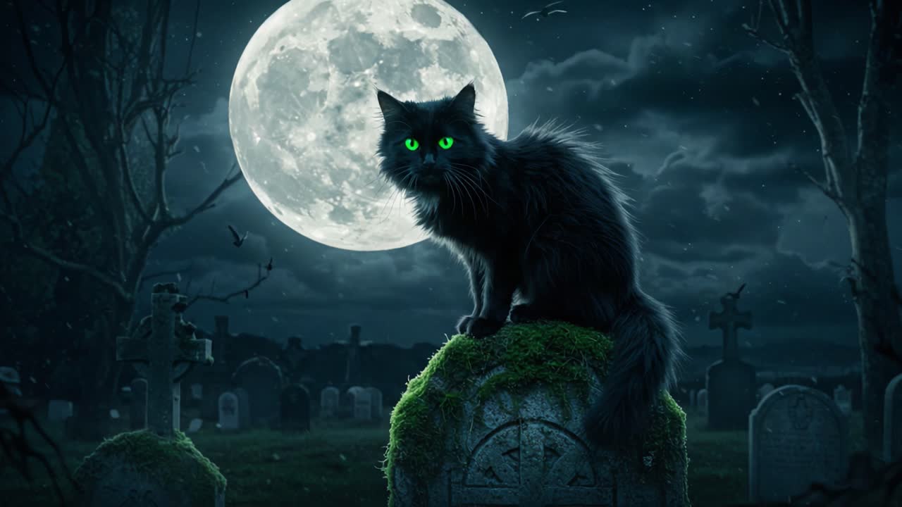 A Mysterious Black Cat with Enigmatic Green Eyes Illuminated by a Full Moon in an Eerie Graveyard Setting, Surrounded by Shadows and Haunting Atmosphere