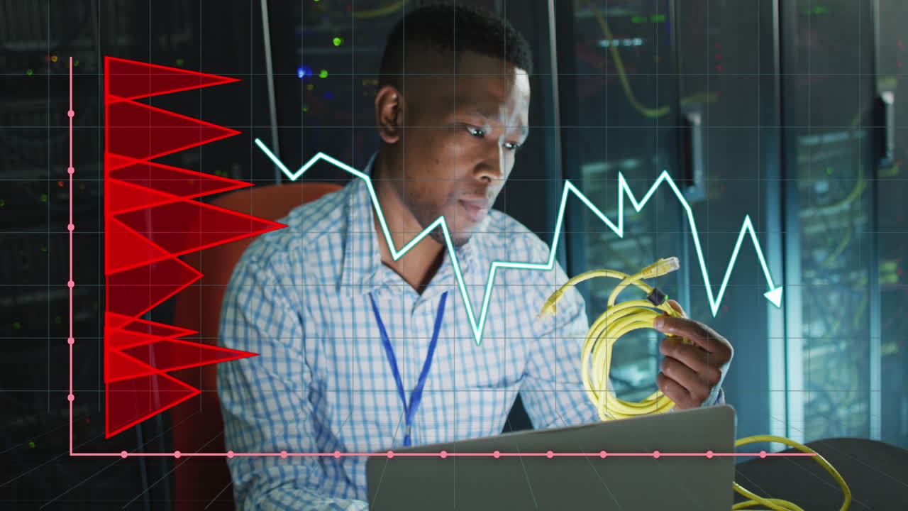 Animation of data processing over african american male it engineer and computer servers