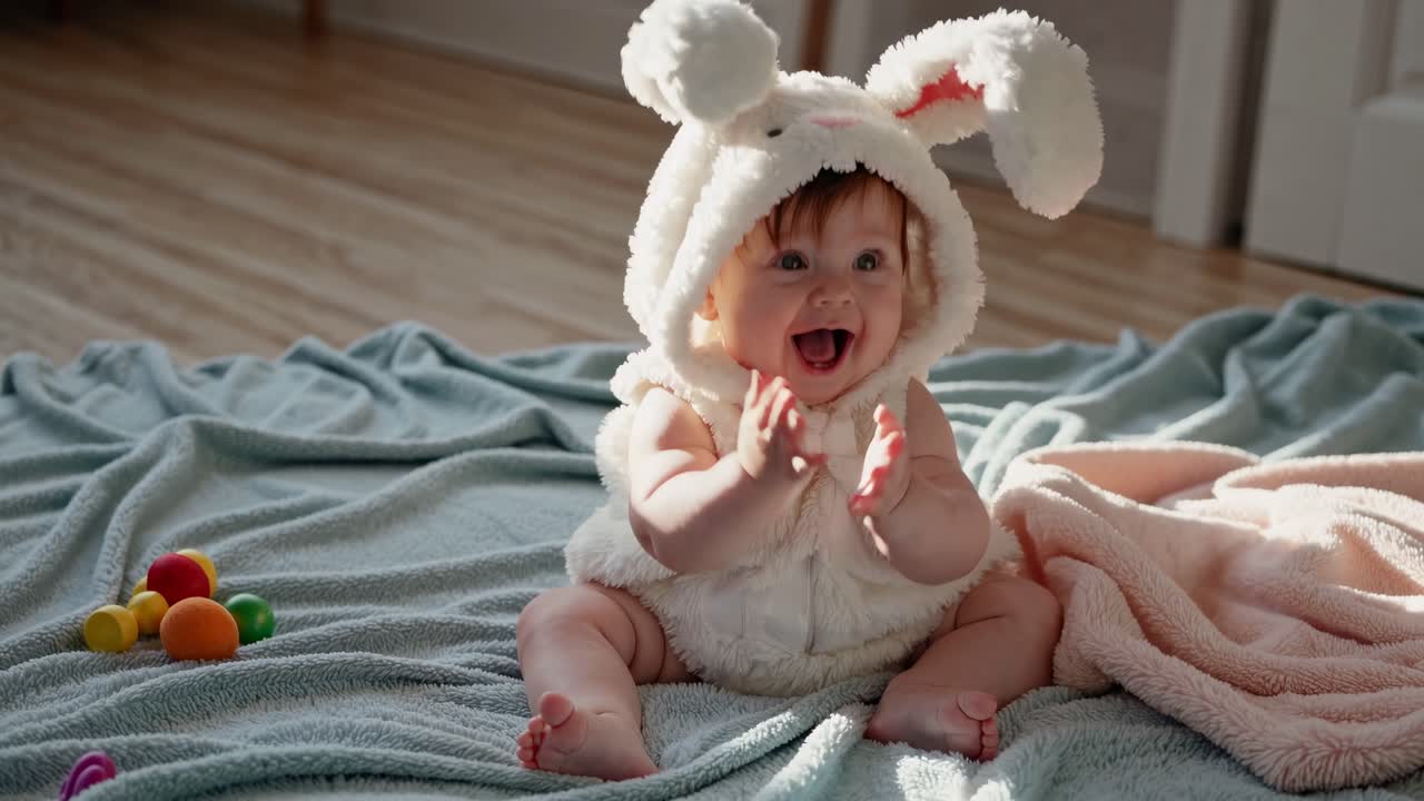 En glad baby i et kaninkostyme sitter på et teppe og klapper i hendene