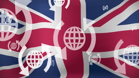 Animation-of-globe-with-arrow-signs-moving-over-waving-british-flag