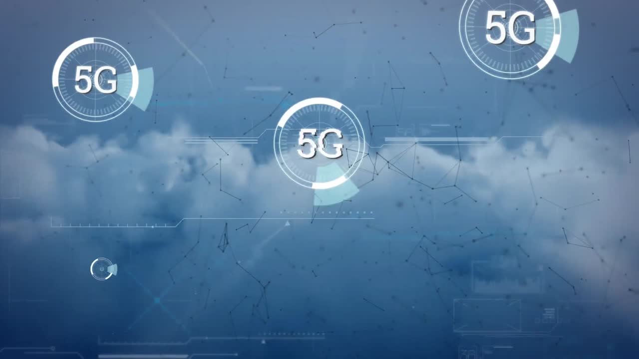 animación de la red de conexiones y escaneado de alcances con texto 5g sobre nubes