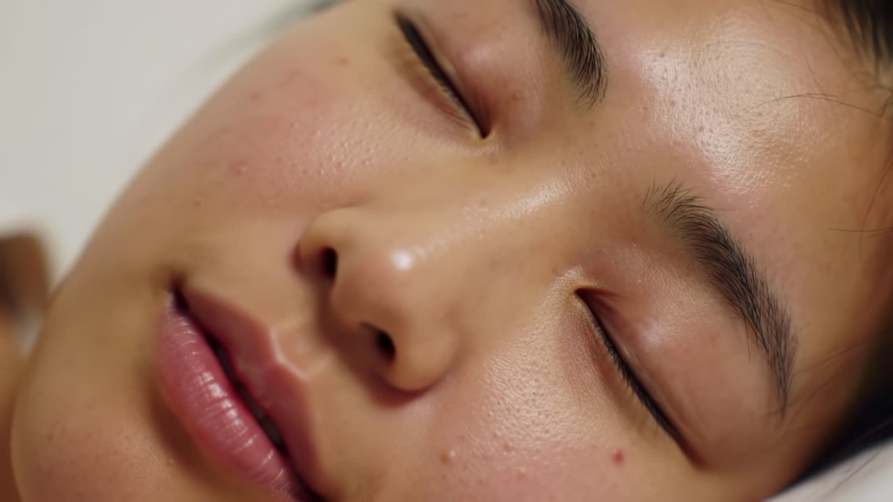 A young woman is peacefully resting with her eyes closed, showcasing a calm expression. The gentle lighting highlights her relaxed features, indicating a moment of tranquility.