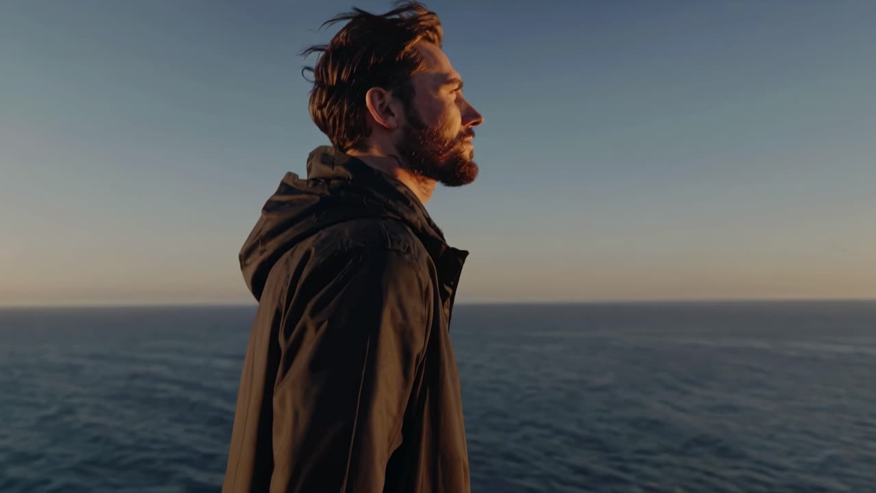 hombre al atardecer en la costa